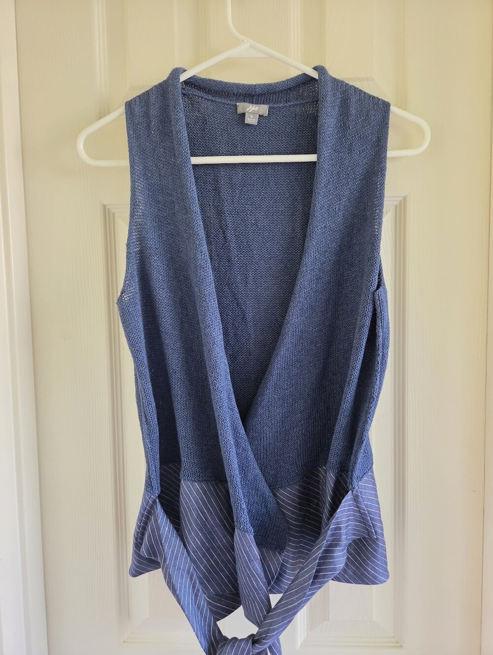 J.Jill Linen Blend Wrap Sweater Vest Small Blue Pinstripe Peplum Tied Waist Open - Picture 5 of 10